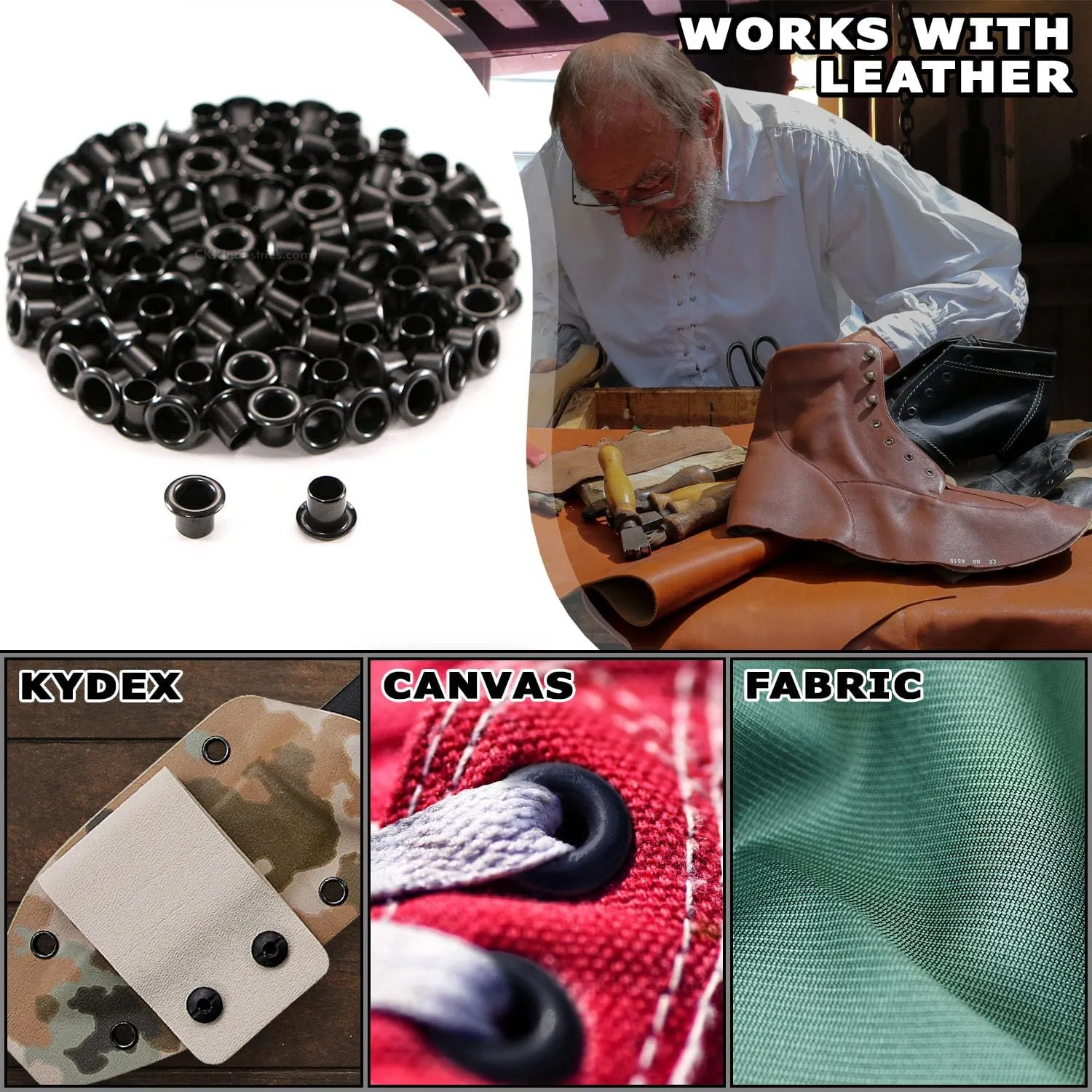 [100 Pack] Black Coated Eyelets - (#8-8 Length) - (1/4 in. Diameter) - (USA Made) - Rivets for DIY Kydex Holsters, Leather Shoes, and Canvas Cloth