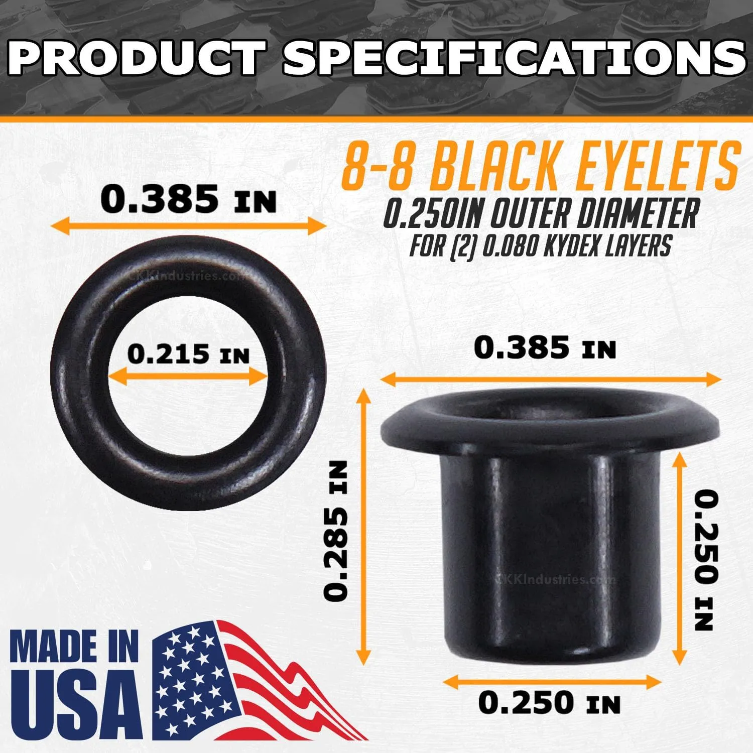 [100 Pack] Black Coated Eyelets - (#8-8 Length) - (1/4 in. Diameter) - (USA Made) - Rivets for DIY Kydex Holsters, Leather Shoes, and Canvas Cloth