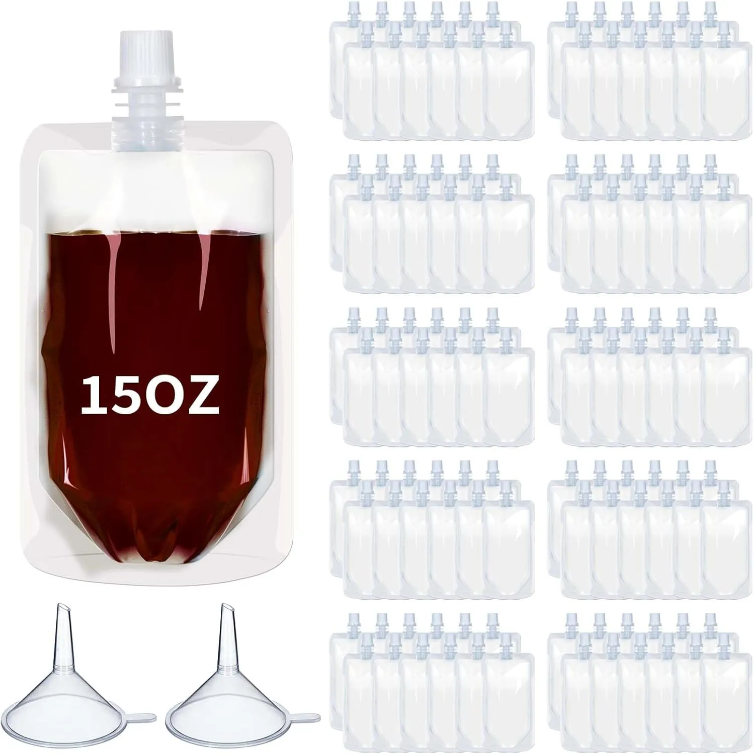 100 Pcs Plastic Flasks Reusable Drink Pouches Clear Squeeze Juice Salsa Pouches Disposable Leakproof Liquid Drink Bags for Adult Travel Outdoor Sports(15 oz)