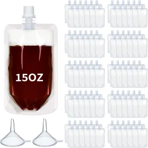 100 Pcs Plastic Flasks Reusable Drink Pouches Clear Squeeze Juice Salsa Pouches Disposable Leakproof Liquid Drink Bags for Adult Travel Outdoor Sports(15 oz)
