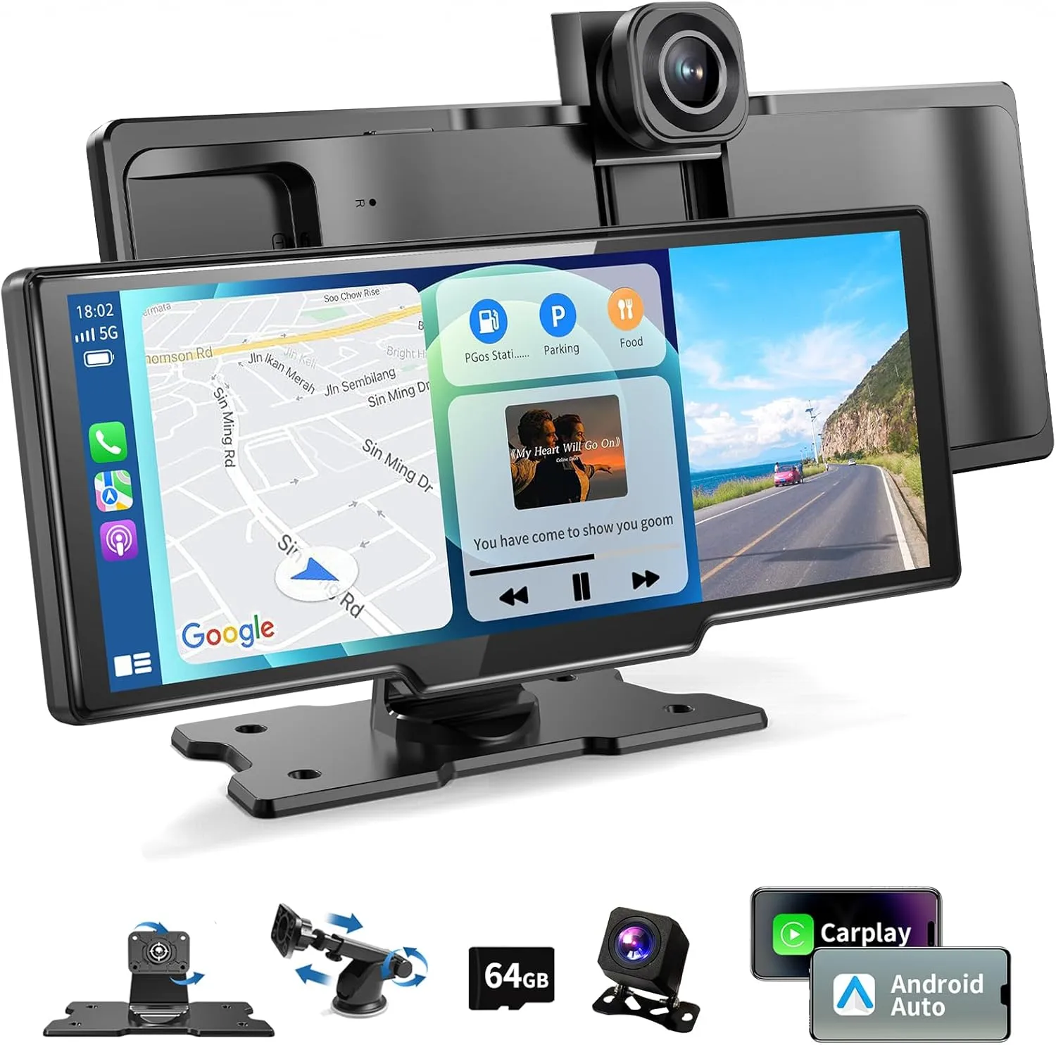 10.26" HD Wireless Car Stereo for Carplay & Android Auto, Portable Touch Screen for Car, 4K Dash Cam, 1080P Backup Camera, Bluetooth, AUX/FM, Googel, Siri, Mirror Link, GPS Navigation