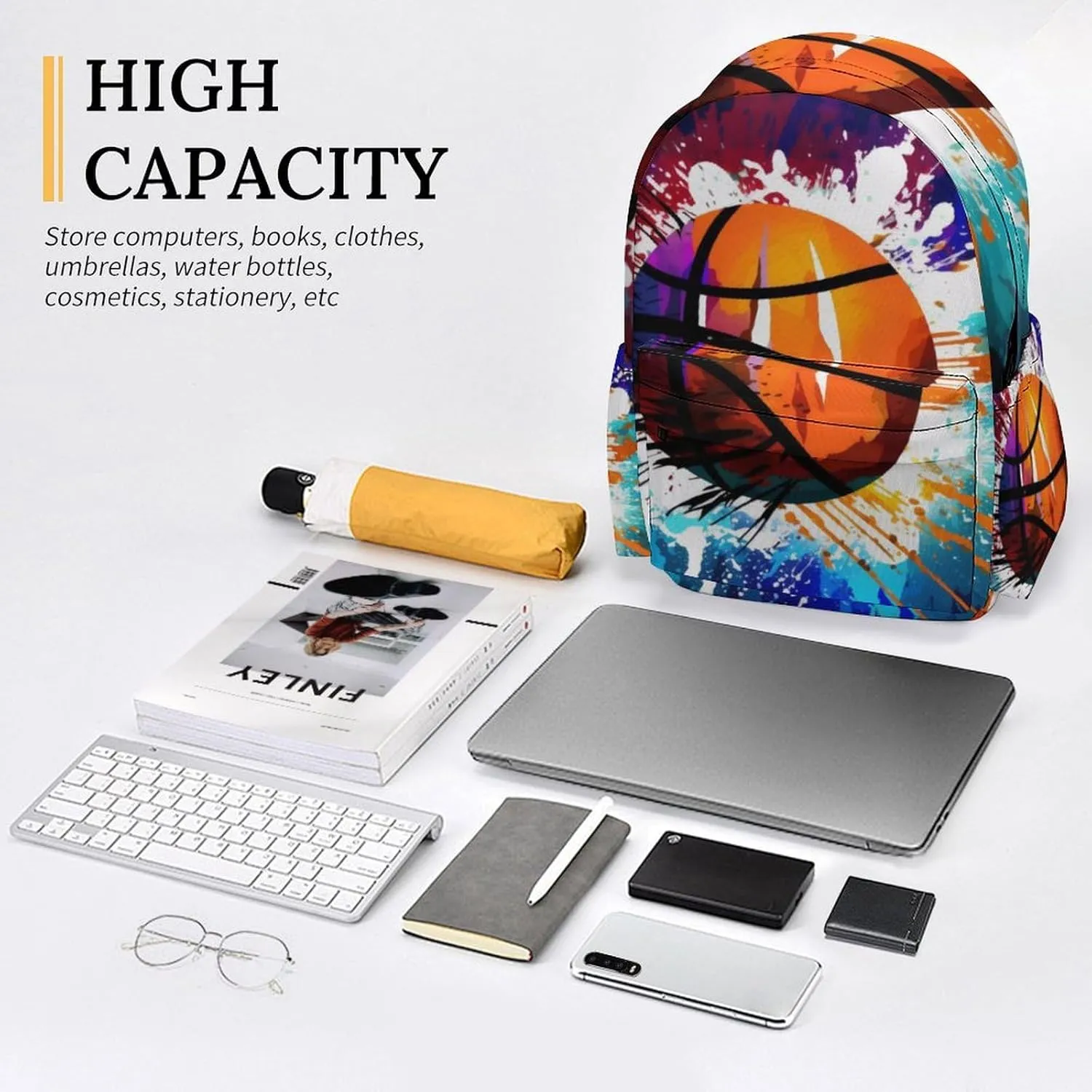 16 Inch Backpack Basketball Theme Splashy Laptop Backpack School Bookbag Shoulder Bag Casual Daypack