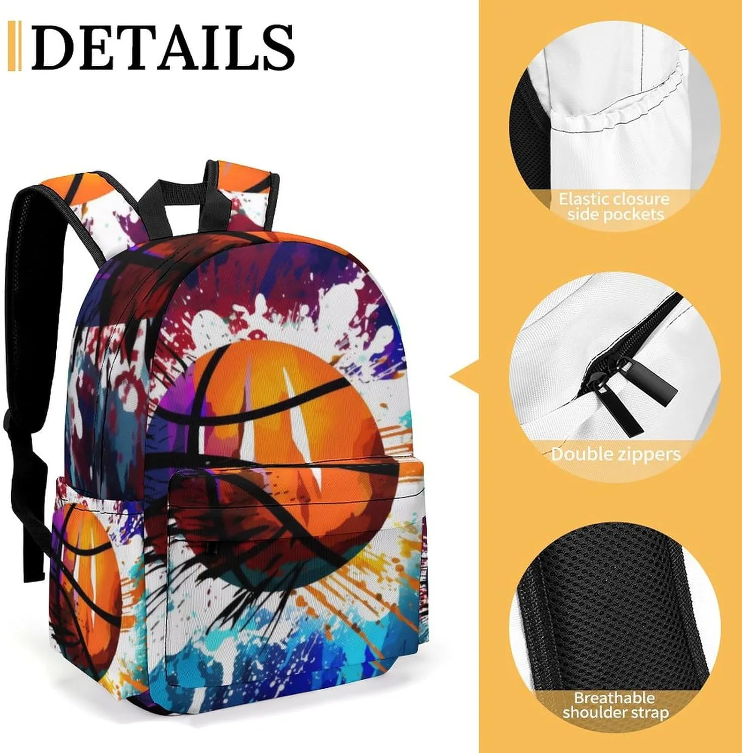 16 Inch Backpack Basketball Theme Splashy Laptop Backpack School Bookbag Shoulder Bag Casual Daypack