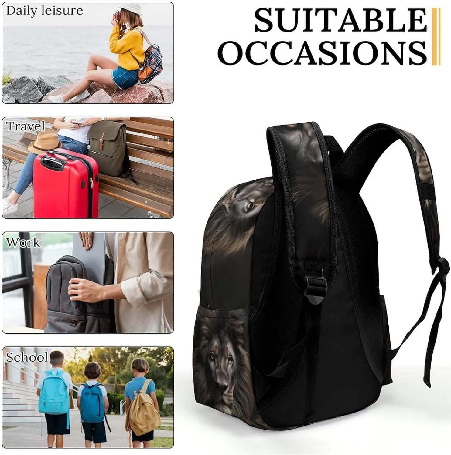 16 Inch Backpack Black Lion Animal King Laptop Backpack School Bookbag Shoulder Bag Casual Daypack