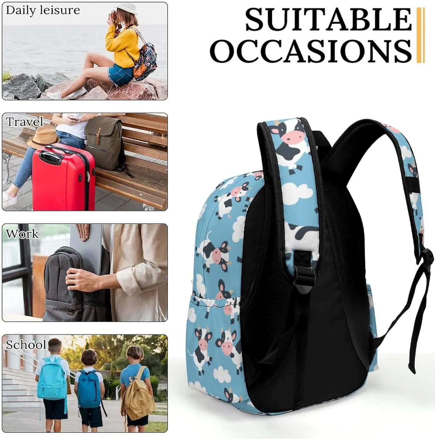 16 Inch Backpack Clouds Cute Cow Laptop Backpack School Bookbag Shoulder Bag Casual Daypack