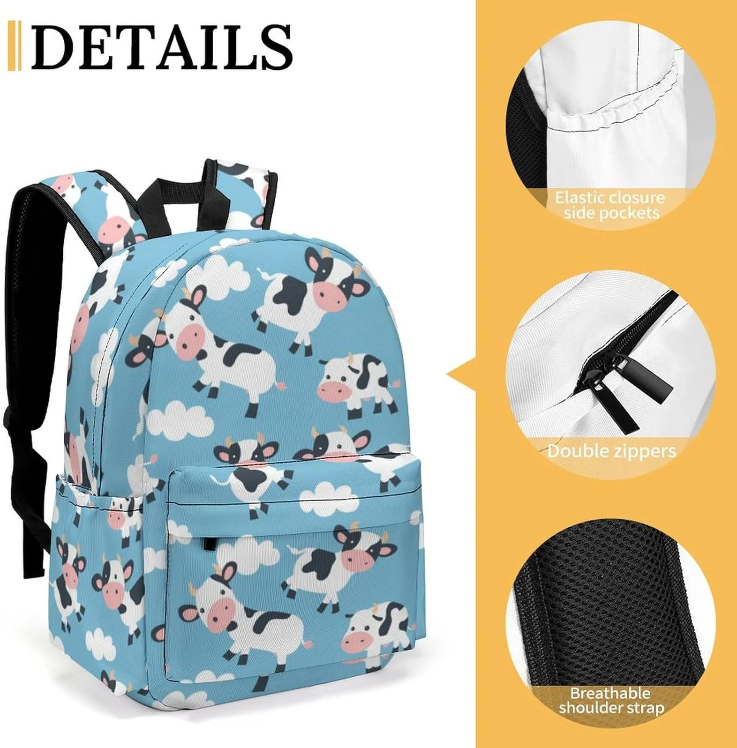 16 Inch Backpack Clouds Cute Cow Laptop Backpack School Bookbag Shoulder Bag Casual Daypack