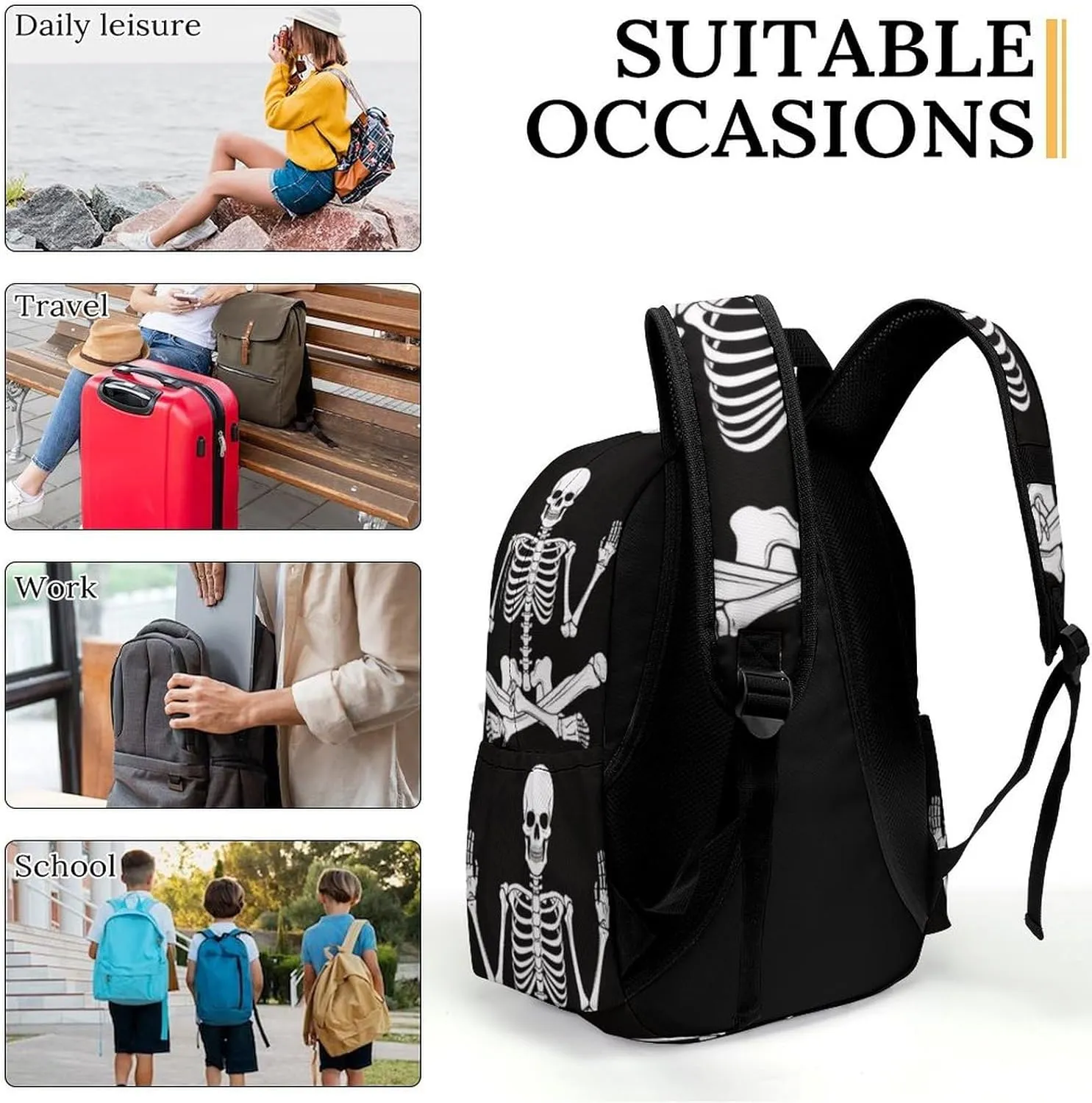 16 Inch Backpack Skeleton Skull Yoga Pose Laptop Backpack School Bookbag Shoulder Bag Casual Daypack