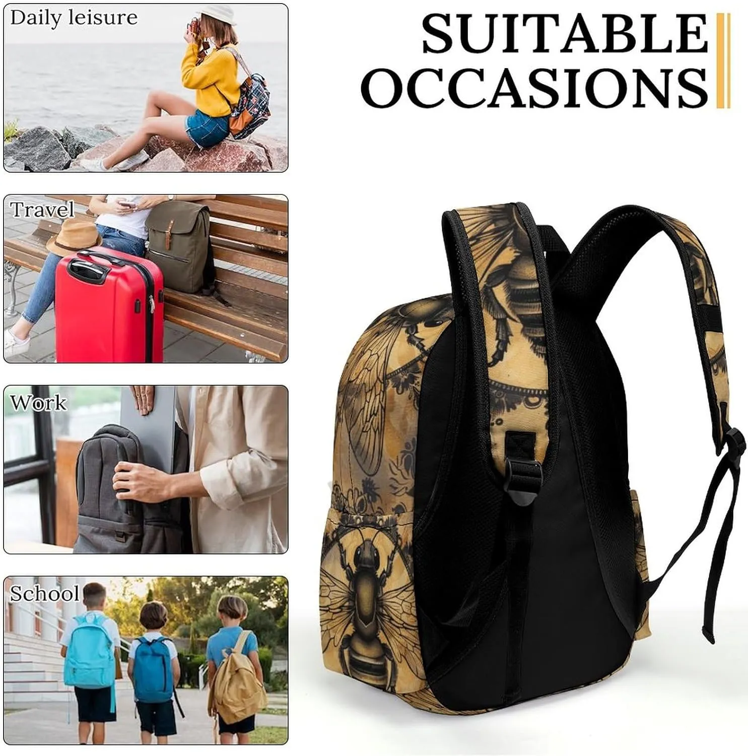 16 Inch Backpack Vintage Dragonfly Black Floral Laptop Backpack School Bookbag Shoulder Bag Casual Daypack