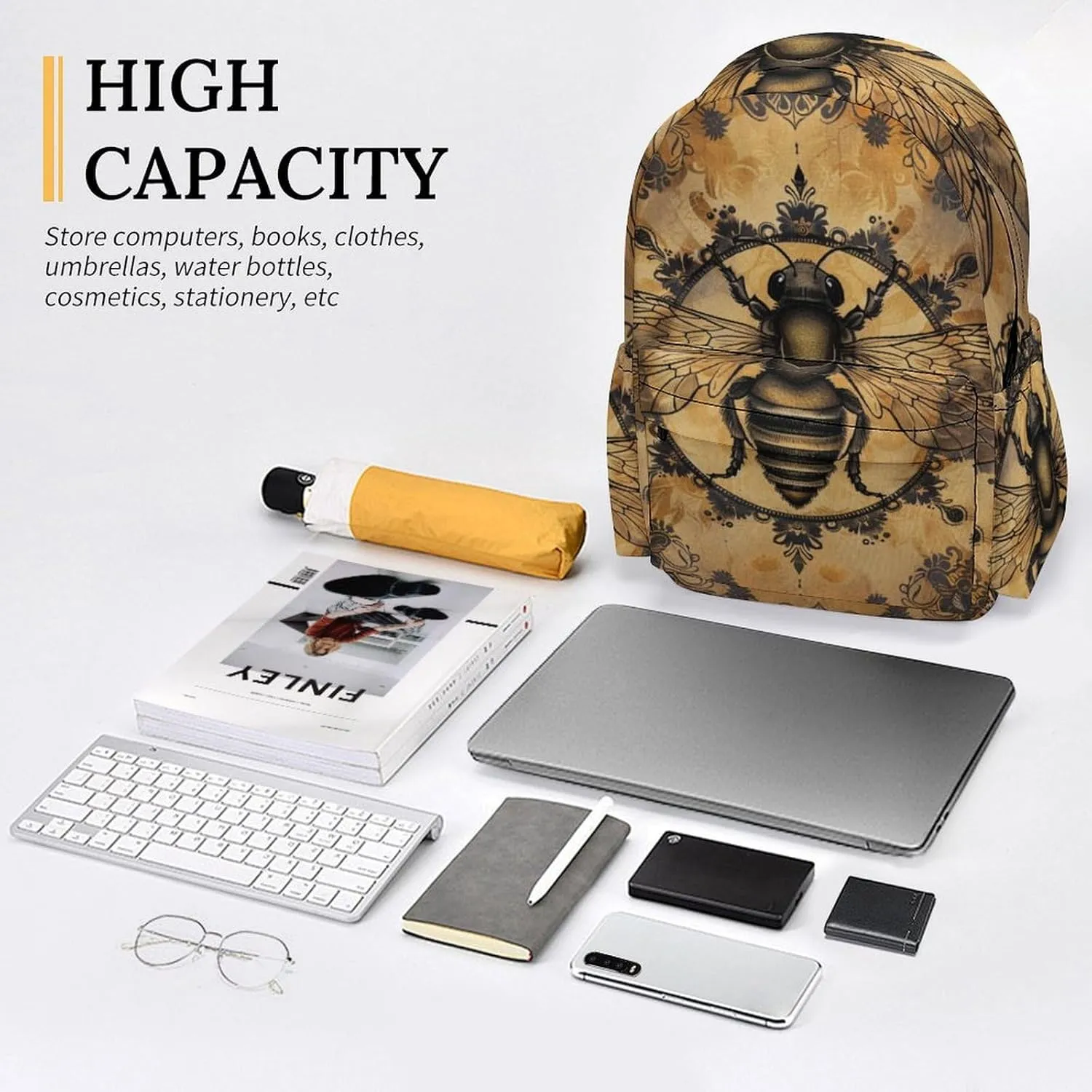 16 Inch Backpack Vintage Dragonfly Black Floral Laptop Backpack School Bookbag Shoulder Bag Casual Daypack