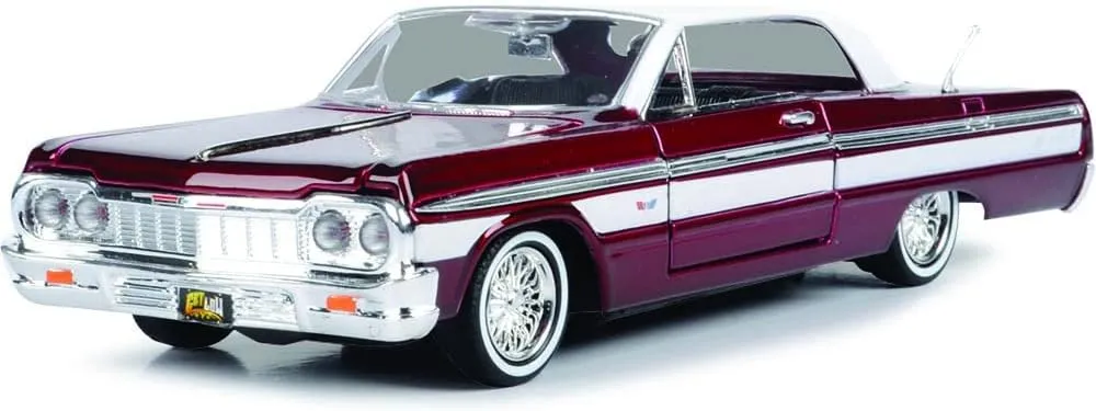 1964 Chevy Impala Lowrider Hard Top Candy Red Metallic with White Top Get Low Series 1/24 Diecast Model Car by Motormax 79021
