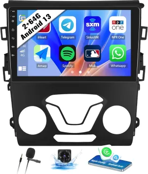 2 64G Android 13 Car Stereo for Ford Fusion Mondeo 2013-2019 with Wireless CarPlay Android Auto, 9’’ Touchscreen in Dash GPS Radio with WiFi Mirror Link Bluetooth FM RDS HiFi EQ SWC   Backup Camera