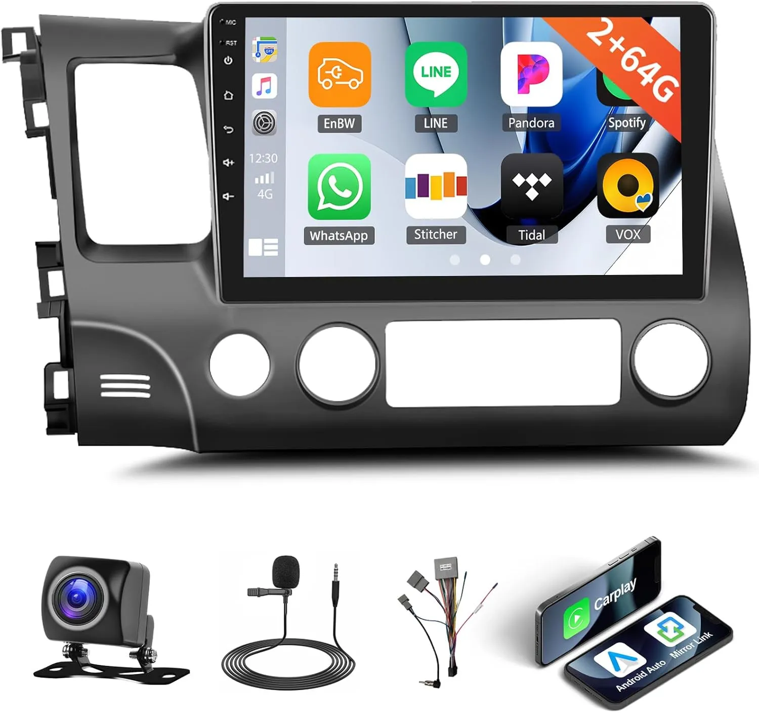 2 64G Android 15 Car Stereo for Honda Civic 2006-2011 with Wireless Carplay Android Auto,10.1" Touchscreen Car Radio with WiFi GPS Mirror Link Bluetooth EQ FM RDS SWC   Backup Camera