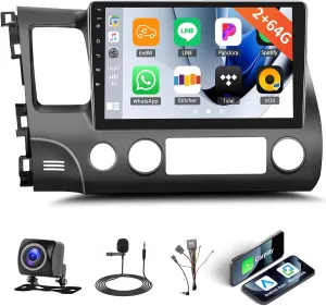 2 64G Android 15 Car Stereo for Honda Civic 2006-2011 with Wireless Carplay Android Auto,10.1" Touchscreen Car Radio with WiFi GPS Mirror Link Bluetooth EQ FM RDS SWC   Backup Camera