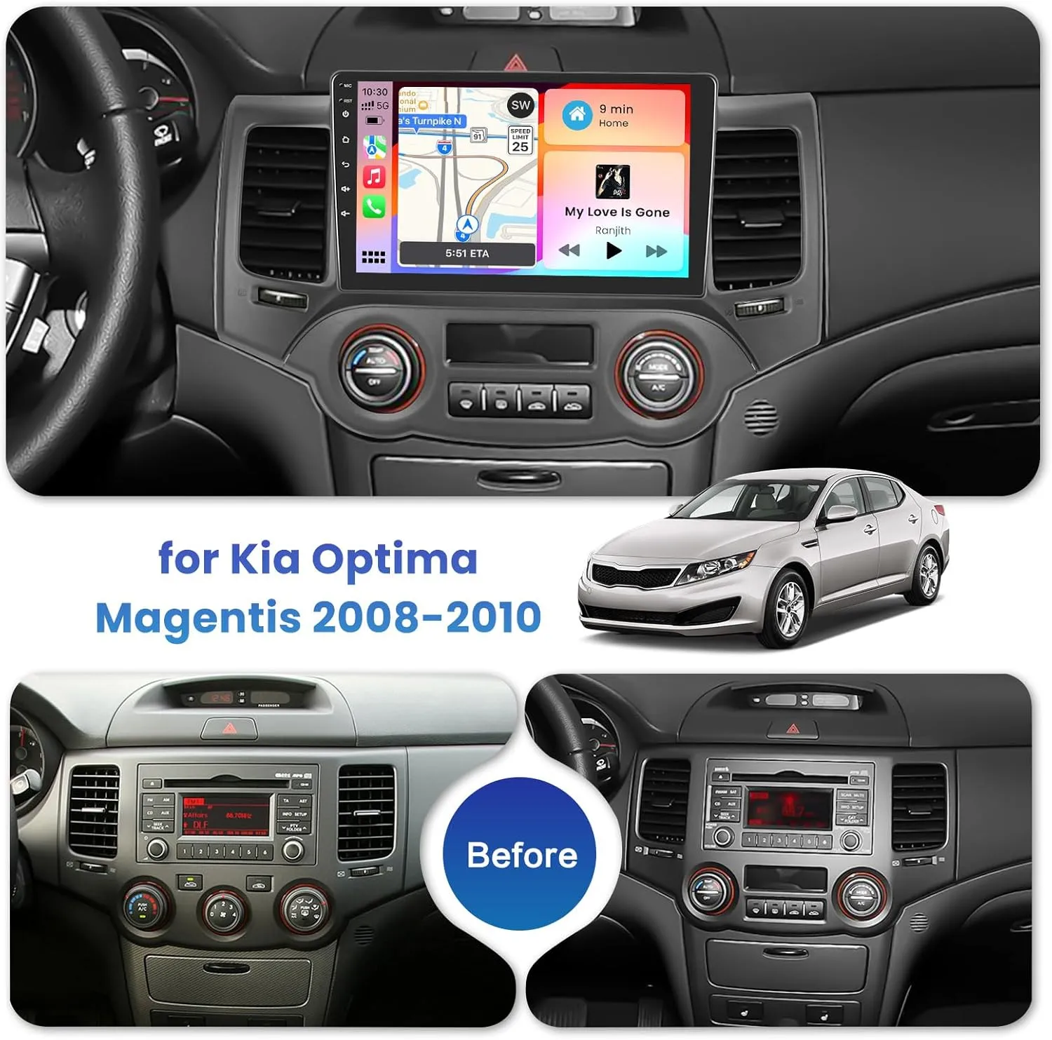 [2 64GB] Inefala for Kia Magentis/Optima 2008-2010 Android Car Radio Stereo with Wireless Carplay Android Auto, 9 Inch HD Touchscreen with GPS WiFi Bluetooth FM/RDS EQ SWC 26UI Backup Camera MIC