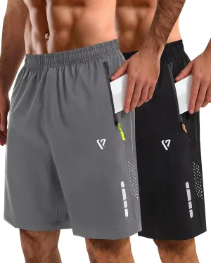 2 Pack Mens Athletic Shorts Quick Dry 7 Inch Running Shorts Breathable Mesh Gym Workout Shorts with Zipper Pockets