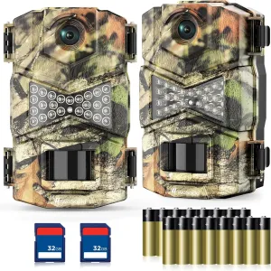 2 Pack Trail Camera with Night Vision Motion Activated Waterproof,30MP Hunting Game Camera,1080P HD Trail Cam with SD Card for Wildlife Monitoring,Outdoor Scouting & Security