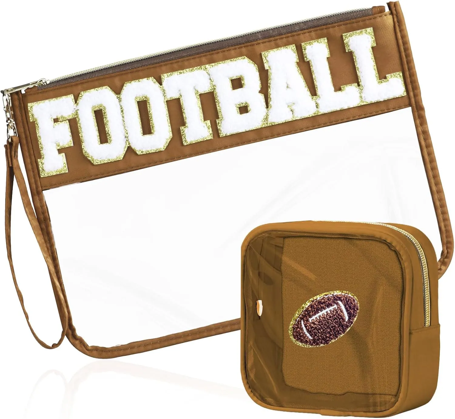2 Pcs Football Gifts Makeup Bag with Chenille Letter Patch, Clear Cosmetic Pouch PVC Organizer Purse, Waterproof Travel Bag, Portable Toiletry Storage Bag for Her Girls Friends Women