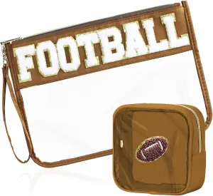 2 Pcs Football Gifts Makeup Bag with Chenille Letter Patch, Clear Cosmetic Pouch PVC Organizer Purse, Waterproof Travel Bag, Portable Toiletry Storage Bag for Her Girls Friends Women