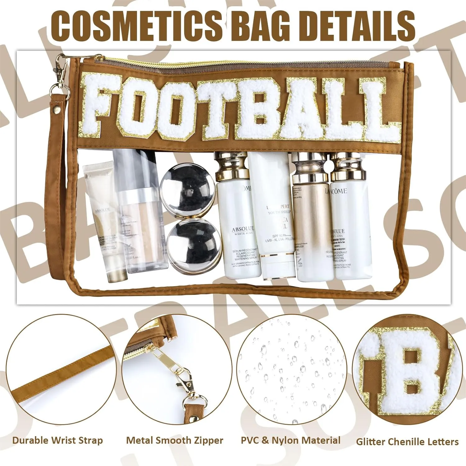 2 Pcs Football Gifts Makeup Bag with Chenille Letter Patch, Clear Cosmetic Pouch PVC Organizer Purse, Waterproof Travel Bag, Portable Toiletry Storage Bag for Her Girls Friends Women