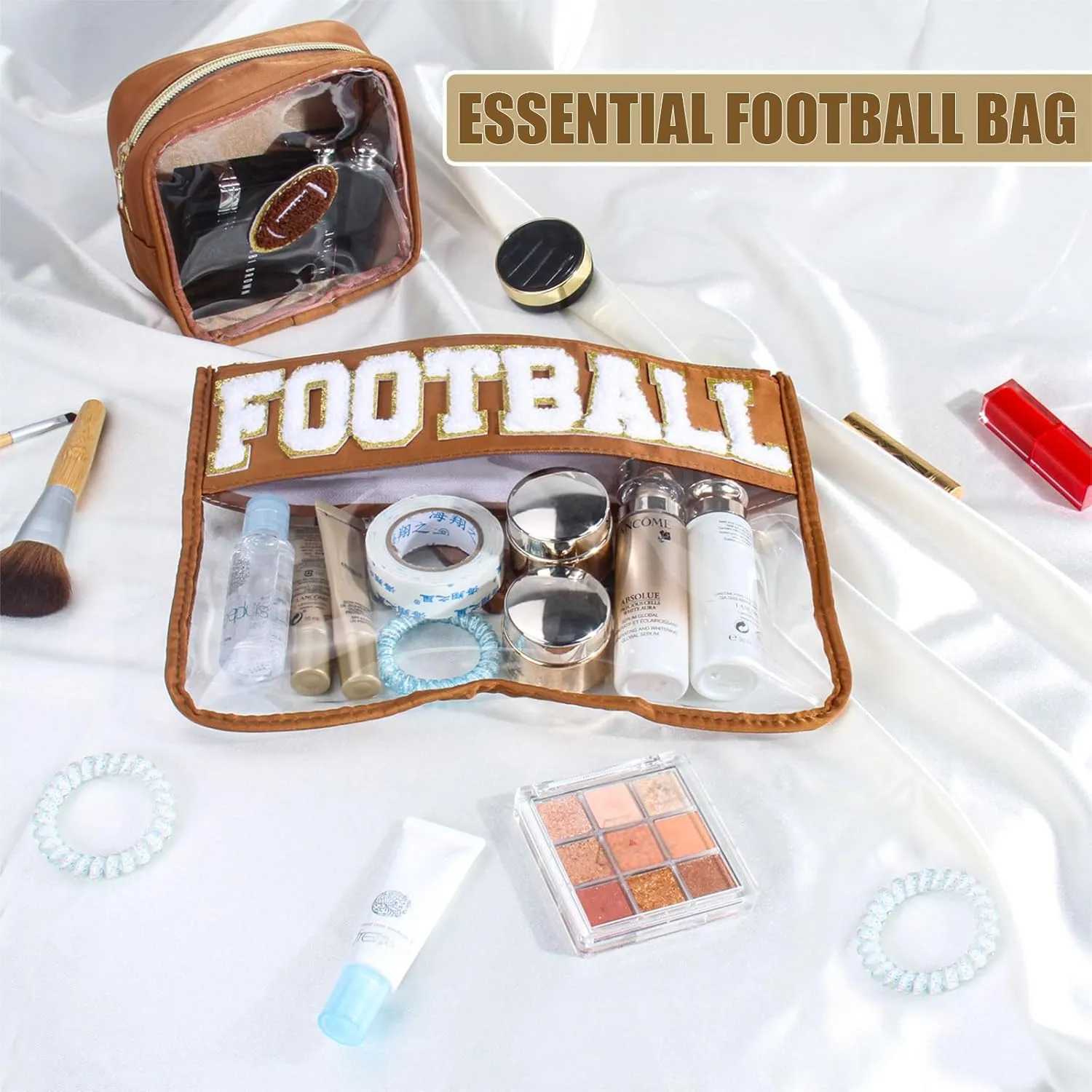 2 Pcs Football Gifts Makeup Bag with Chenille Letter Patch, Clear Cosmetic Pouch PVC Organizer Purse, Waterproof Travel Bag, Portable Toiletry Storage Bag for Her Girls Friends Women