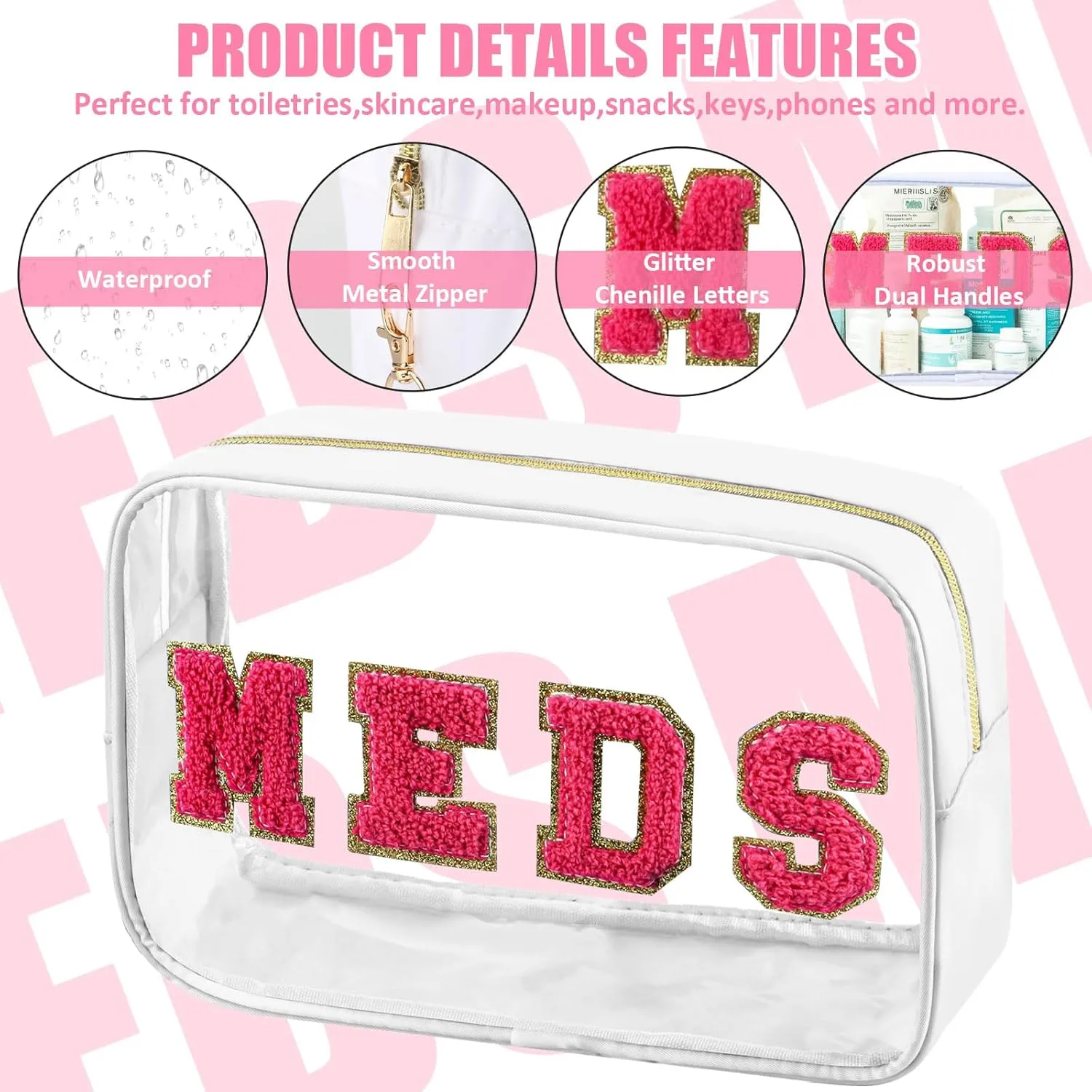 2 Pcs Medicine Bag Chenille Letter Bag Preppy Clear Makeup Meds Bag for Travel Nylon & PVC Transparent Cosmetic Bag Preppy Patch Toiletry Storage for Women Girls White
