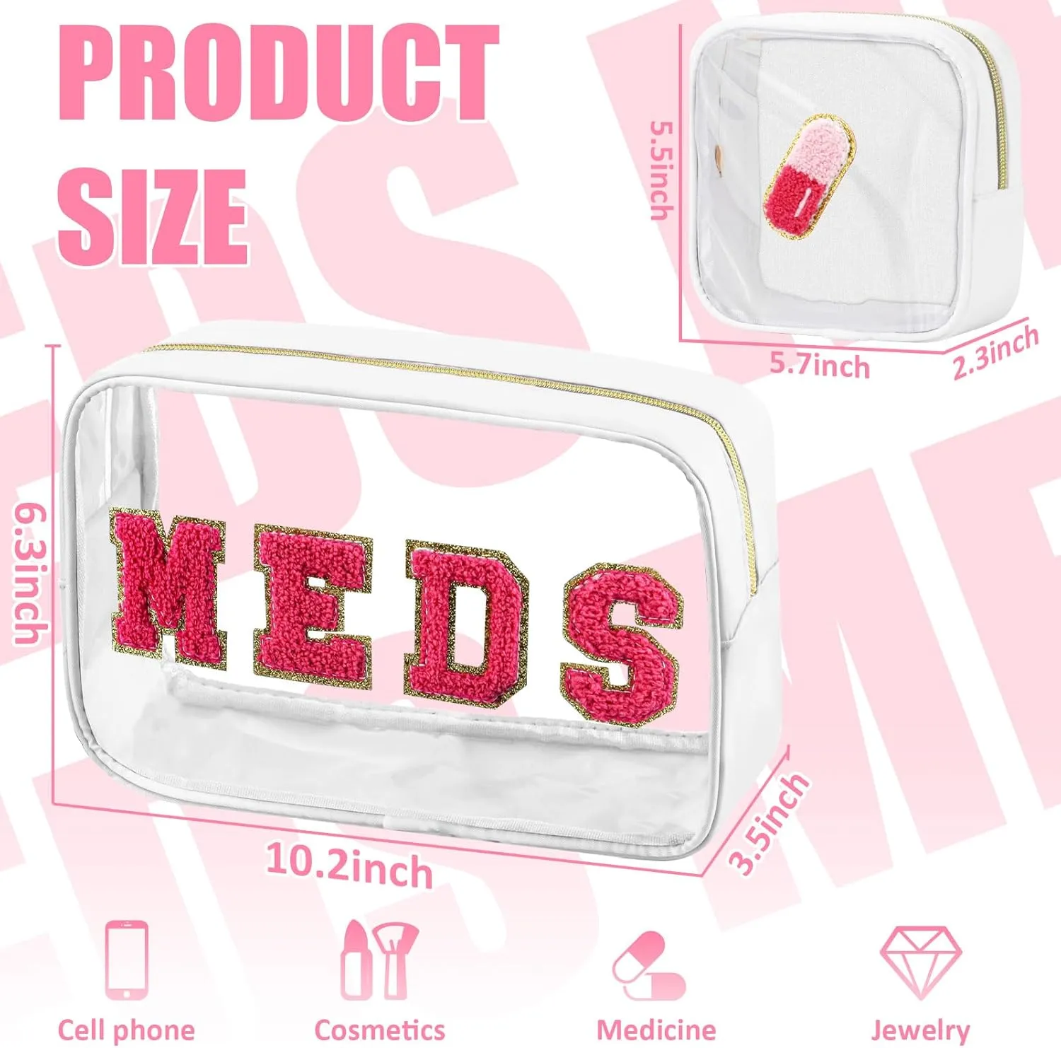 2 Pcs Medicine Bag Chenille Letter Bag Preppy Clear Makeup Meds Bag for Travel Nylon & PVC Transparent Cosmetic Bag Preppy Patch Toiletry Storage for Women Girls White