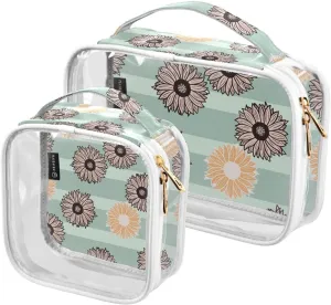 2 Pieces Large Clear Travel Toiletry Bag with Zippers, PVC Waterproof Travel Organizer, Sunflowers-blue-strip-print Plastic Tote Bags.