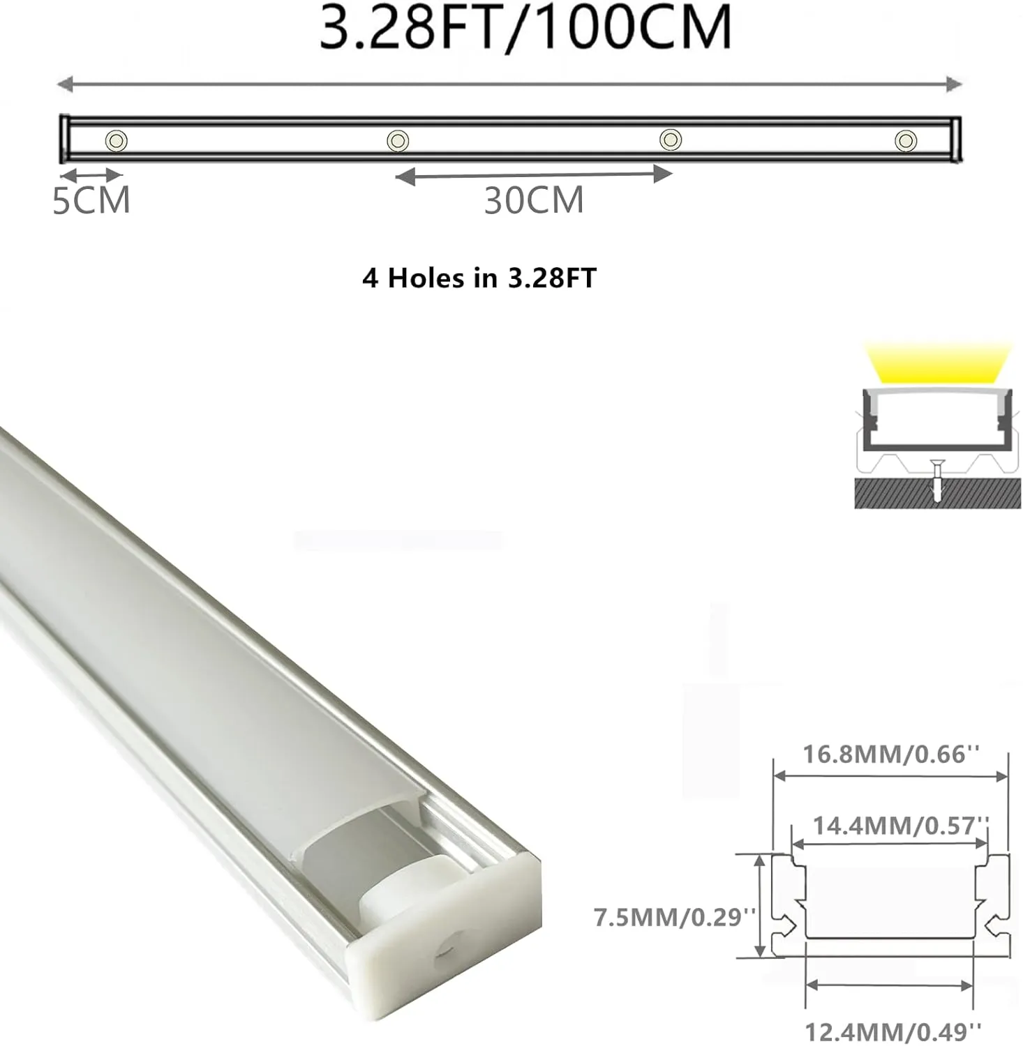 20-Pack Pre-Drilled Countersunk Hole 3.3FT/1 Meter LED Strip U Channel Diffuser, Hacksaw Easy Cut Tight and Flush Mounted Under Cabinet Tape Light Aluminum Low Profile with Screw and End caps (20)