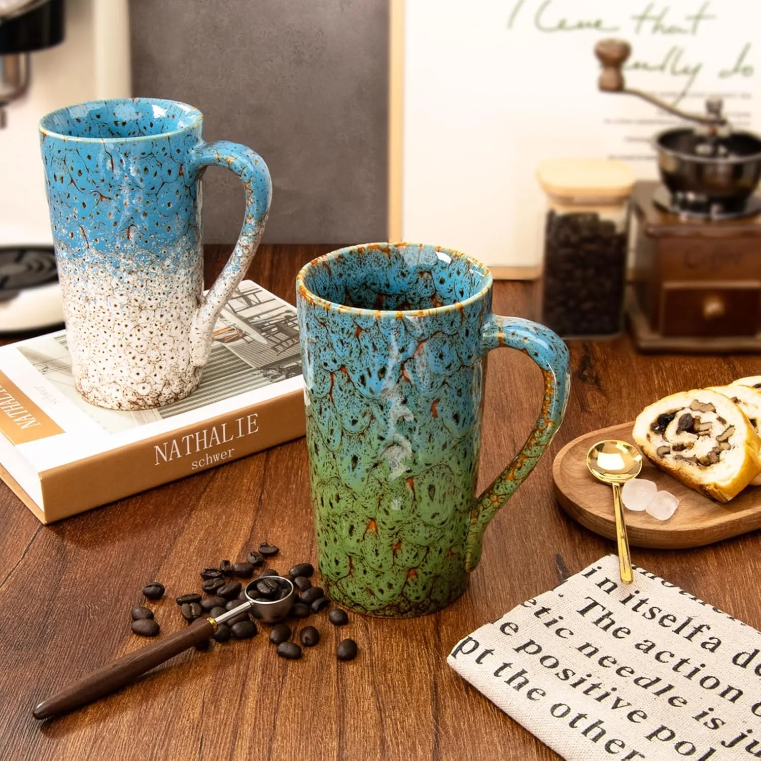 20oz Porcelain Coffee Mugs Set of 2, Large Tall Coffee Mugs with Handles, Modern Ceramic Coffee Cups for Coffee, Tea, Cocoa, Milk, Gifts for Women Men - Blue & Green