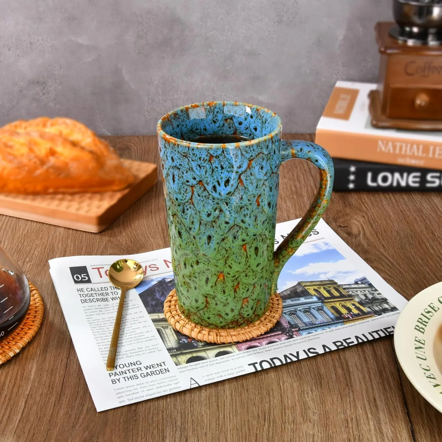 20oz Porcelain Coffee Mugs Set of 2, Large Tall Coffee Mugs with Handles, Modern Ceramic Coffee Cups for Coffee, Tea, Cocoa, Milk, Gifts for Women Men - Blue & Green