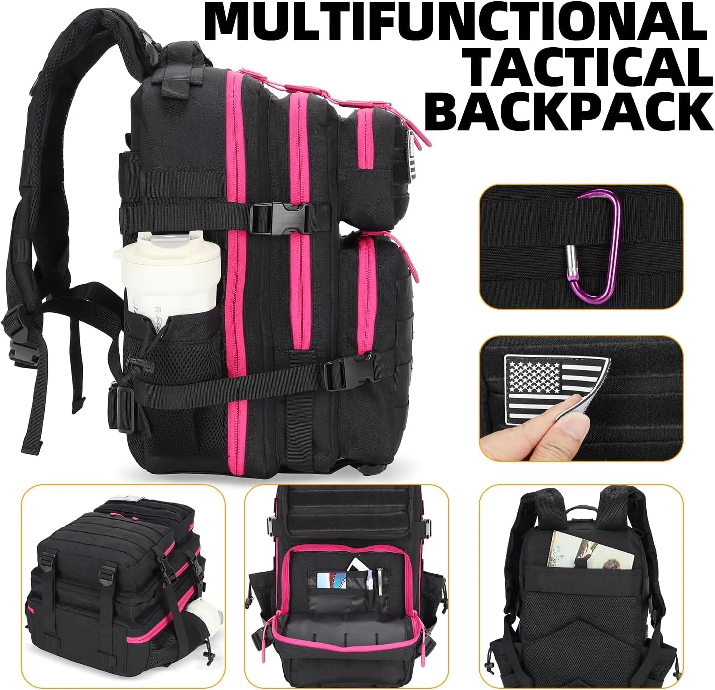 25L Tactical Military Backpack Small Travel Backpack for Men and Women Assault Pack Bug Out Bag Molle Daypack Gym Backpack with Bottle Holder (Black Neon Pink)