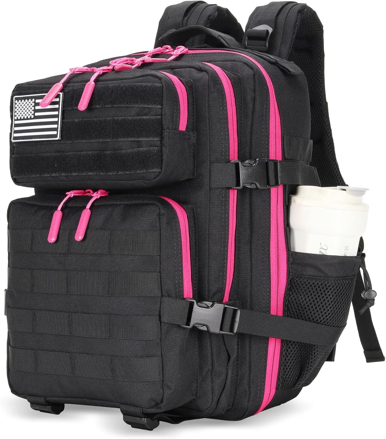 25L Tactical Military Backpack Small Travel Backpack for Men and Women Assault Pack Bug Out Bag Molle Daypack Gym Backpack with Bottle Holder (Black Neon Pink)