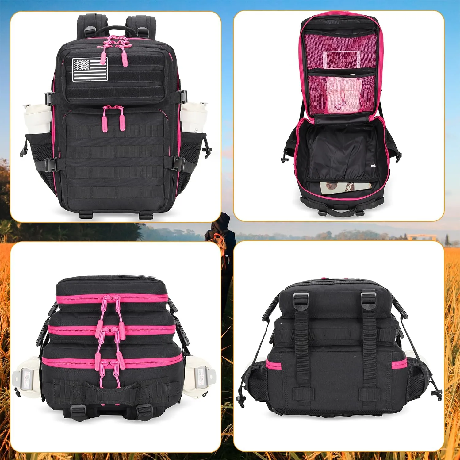 25L Tactical Military Backpack Small Travel Backpack for Men and Women Assault Pack Bug Out Bag Molle Daypack Gym Backpack with Bottle Holder (Black Neon Pink)