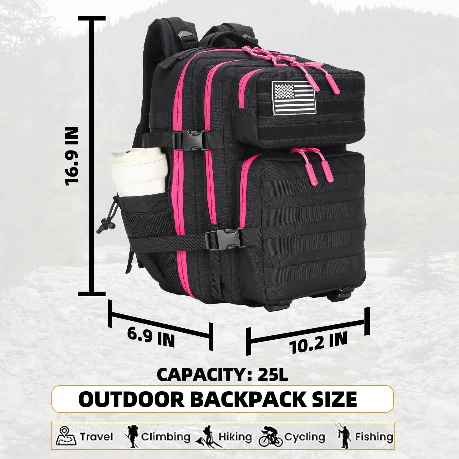 25L Tactical Military Backpack Small Travel Backpack for Men and Women Assault Pack Bug Out Bag Molle Daypack Gym Backpack with Bottle Holder (Black Neon Pink)