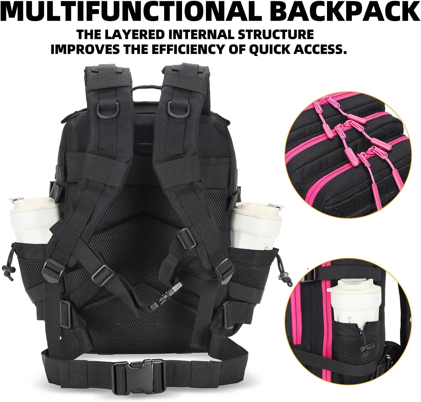 25L Tactical Military Backpack Small Travel Backpack for Men and Women Assault Pack Bug Out Bag Molle Daypack Gym Backpack with Bottle Holder (Black Neon Pink)
