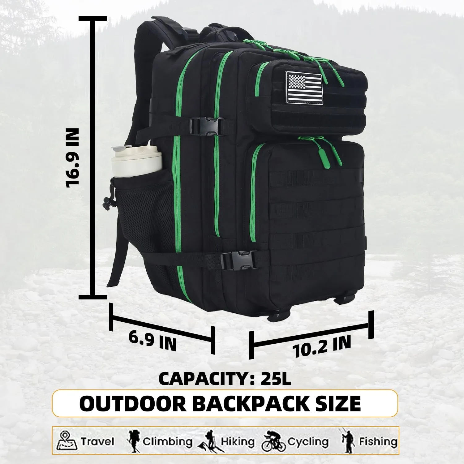 25L Tactical Military Backpack Small Travel Rucksack for Men and Women Assault Pack Bug Out Bag Molle Daypack Gym Backpack with Bottle Holder (Black Neon Green)