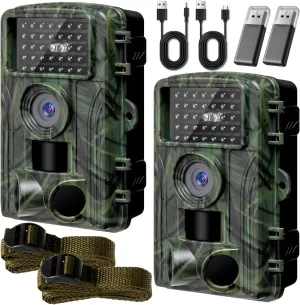 2.7k 58MP 2 Pack Trail Hunting Camera with Card Reader Night Vision Motion Activated 0.3s Trigger Time Game Camera for Outdoor Wildlife Animal Scouting Monitoring