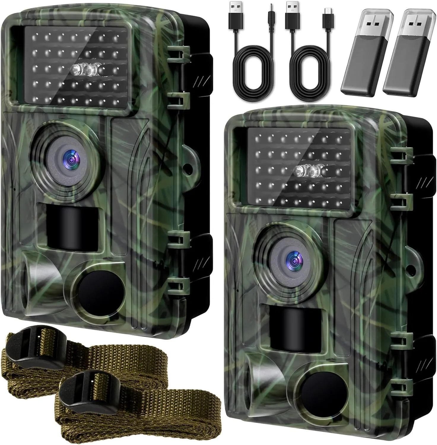 2.7k 58MP 2 Pack Trail Hunting Camera with Card Reader Night Vision Motion Activated 0.3s Trigger Time Game Camera for Outdoor Wildlife Animal Scouting Monitoring