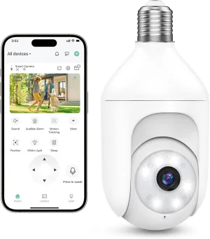 2K Bulb Security Cameras Wireless Outdoor Indoor, 2.4GHz WiFi Cameras for Home Security with Spotlight, Color Night Vision, Motion Detection, 2-Way Audio, Audible Alarm, IP65 Waterproof