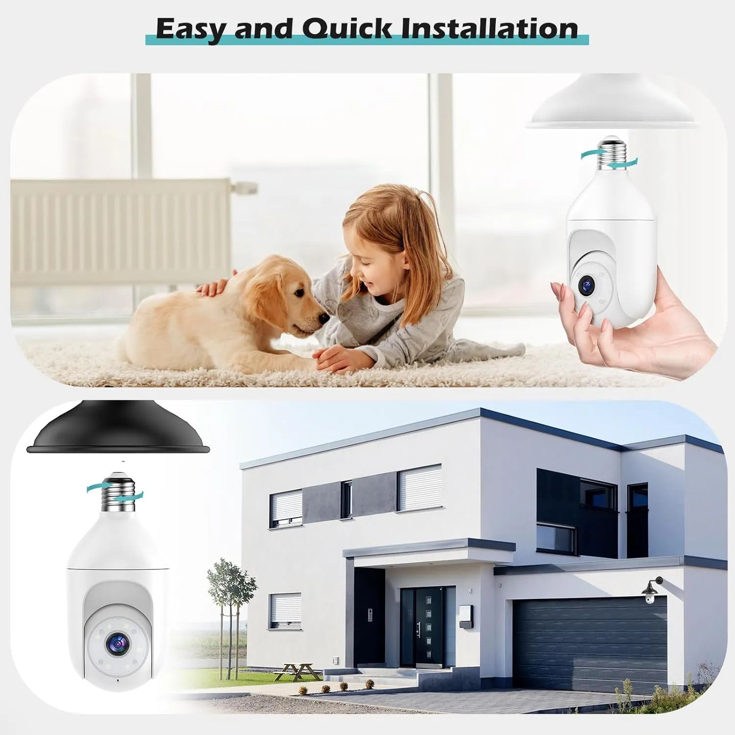 2K Bulb Security Cameras Wireless Outdoor Indoor, 2.4GHz WiFi Cameras for Home Security with Spotlight, Color Night Vision, Motion Detection, 2-Way Audio, Audible Alarm, IP65 Waterproof