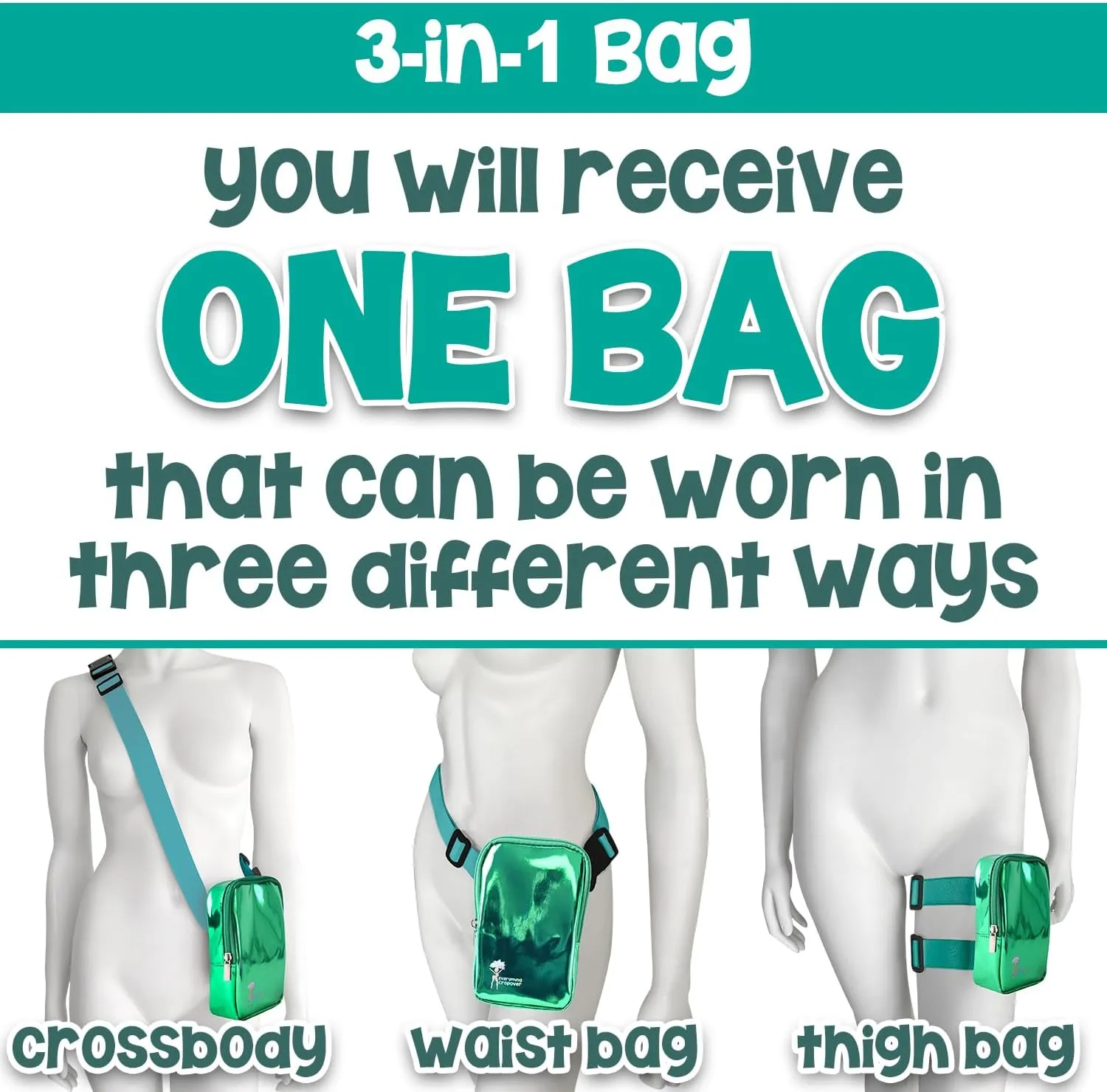 3-IN-1 Thigh Bag Fanny Pack Crossbody Bag | Carnival Leg Harness for Women | Holographic Waist Bag | Rave Leg Pack with Buckles | Green