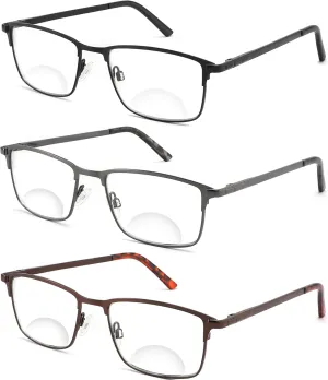 3 Pack Bifocal Reading Glasses for Men, Blue Light Blocking Computer Readers,Anti UV Ray/Eye Strain/Glare, Wide Metal Frame Eyeglasses with Pouches(275 Magnification Strength)