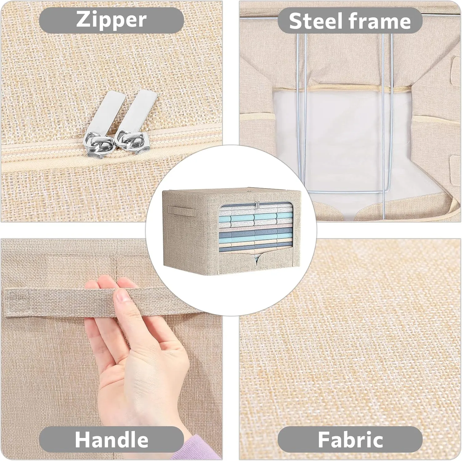 3 Pack Clothes Storage Bins Foldable Metal Frame Storage Box Extra Large Stackable Linen Fabric Organizer Set with Carrying Handles and Clear Window (Beige, 23.6x16.5x15.7inch(100L))