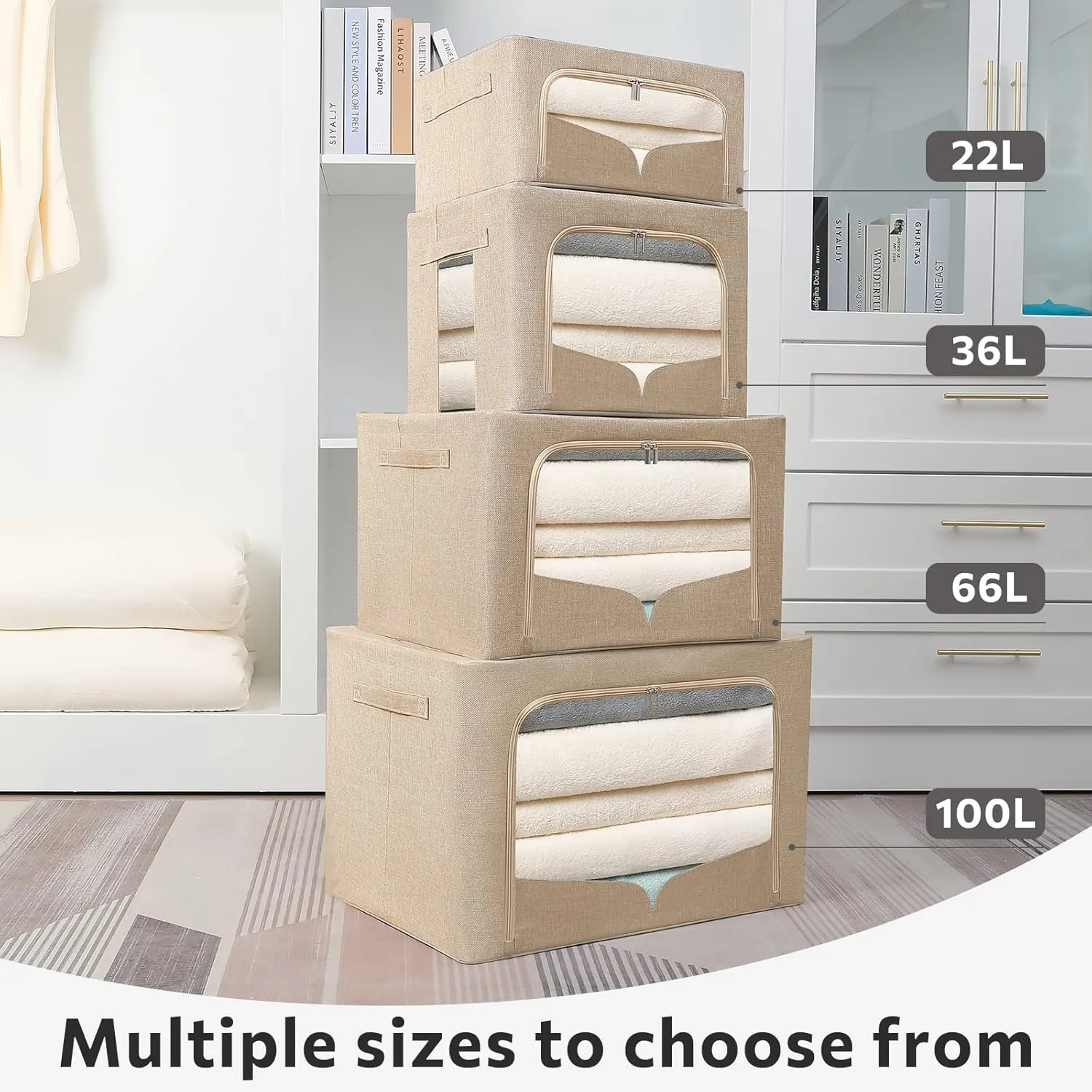 3 Pack Clothes Storage Bins Foldable Metal Frame Storage Box Extra Large Stackable Linen Fabric Organizer Set with Carrying Handles and Clear Window (Beige, 23.6x16.5x15.7inch(100L))