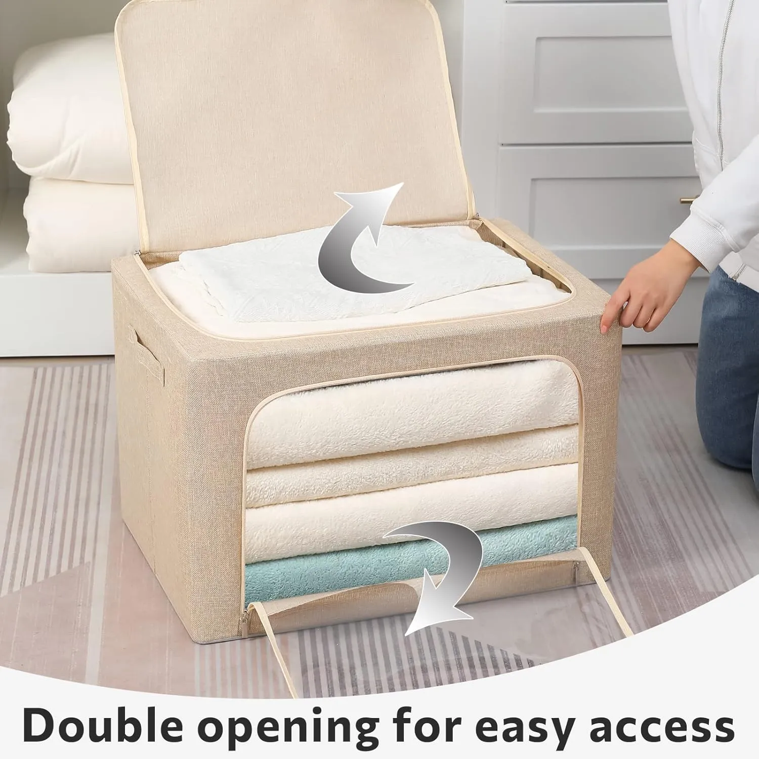 3 Pack Clothes Storage Bins Foldable Metal Frame Storage Box Extra Large Stackable Linen Fabric Organizer Set with Carrying Handles and Clear Window (Beige, 23.6x16.5x15.7inch(100L))