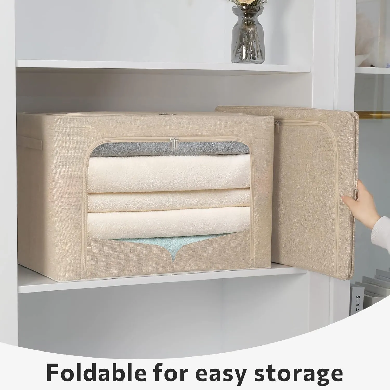 3 Pack Clothes Storage Bins Foldable Metal Frame Storage Box Extra Large Stackable Linen Fabric Organizer Set with Carrying Handles and Clear Window (Beige, 23.6x16.5x15.7inch(100L))
