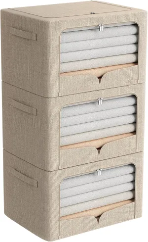 3 Pack Clothes Storage Bins Foldable Metal Frame Storage Box Extra Large Stackable Linen Fabric Organizer Set with Carrying Handles and Clear Window (Beige, 23.6x16.5x15.7inch(100L))