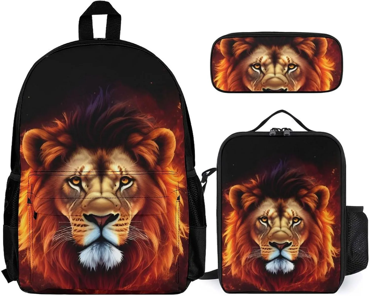 3 Piece College Daypack, Big Capacity Backpack for Outdoors Running, Cool Lion Fire Surreal Style Art Travel and Sport Backpack Rucksack for Adults