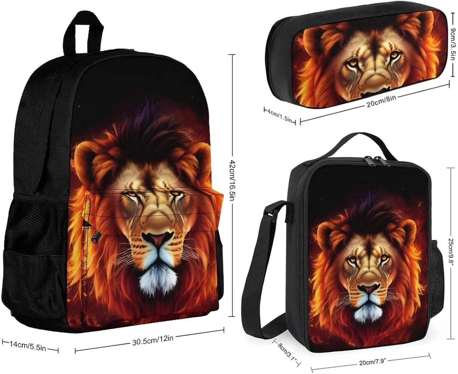 3 Piece College Daypack, Big Capacity Backpack for Outdoors Running, Cool Lion Fire Surreal Style Art Travel and Sport Backpack Rucksack for Adults