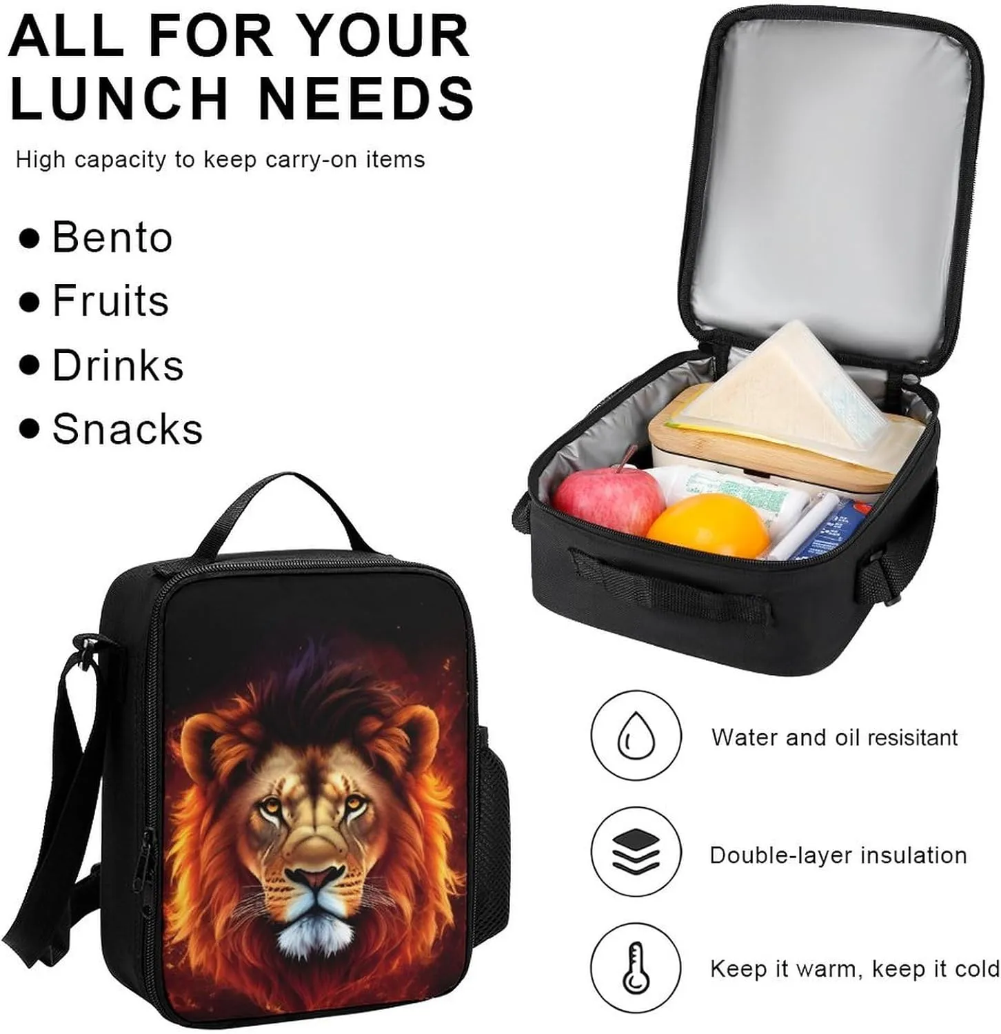 3 Piece College Daypack, Big Capacity Backpack for Outdoors Running, Cool Lion Fire Surreal Style Art Travel and Sport Backpack Rucksack for Adults